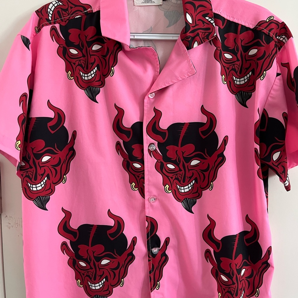 Pink Devil Print Short-Sleeve Camp Shirt